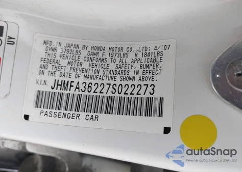 2007 Honda Civic Hybrid z USA, uszkodzony, nr VIN JHMFA36227S022273